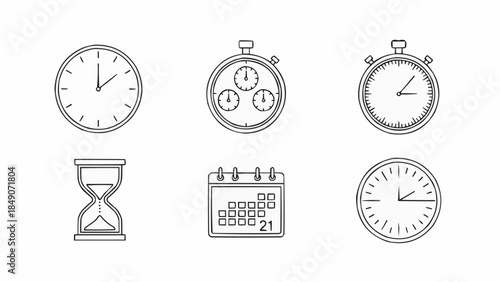Collection of Time Related Icons Including Clocks Calendars and Hourglass.