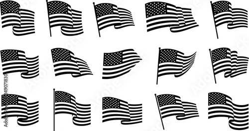 American flags in various positions and movements on white background