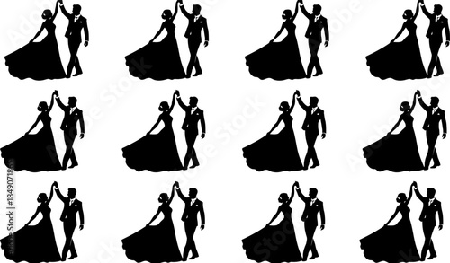 black silhouettes of couples dancing together in various positions on white