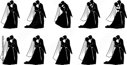 black silhouettes of couples kissing and hugging on white background