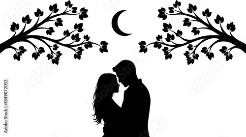silhouette of a couple kissing under the moon