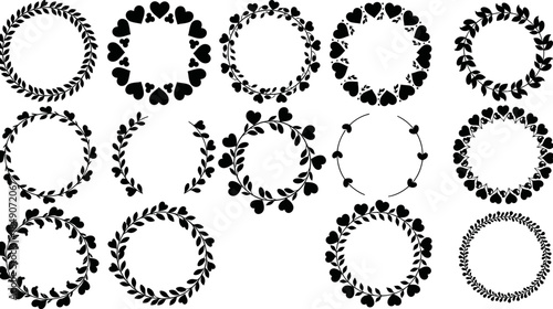 set of black floral heart wreaths for design