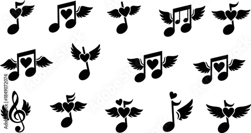 Black music notes with hearts and wings on white background