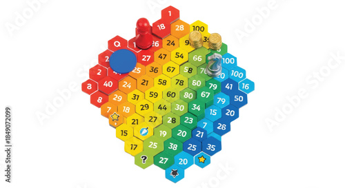 Flat 2D vector illustration of a complete board game layout, featuring interconnected numbered square tiles and several colored player tokens isolated on a crisp white background.