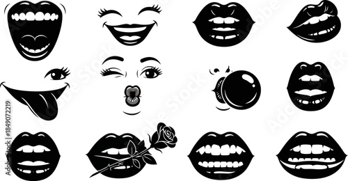 Collection of various mouth and lip expressions in black silhouette on white background