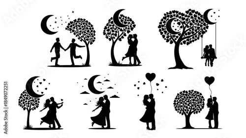 A big collection of lack silhouettes of couples in love on white background