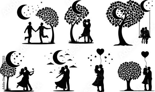 A big collection of lack silhouettes of couples in love on white background