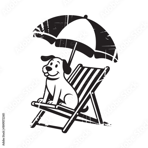 A happy dog relaxing under a beach umbrella on a deck chair