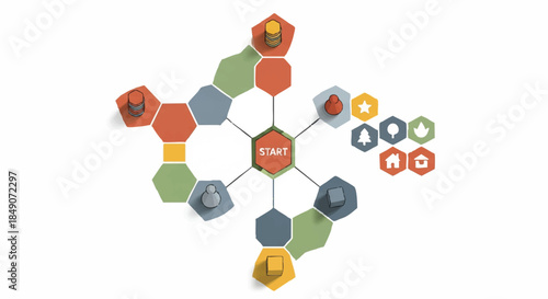 A minimal modern tabletop board game setup, featuring colorful geometric shapes and playing pieces, is rendered as a clean flat 2D vector illustration against a plain white background.