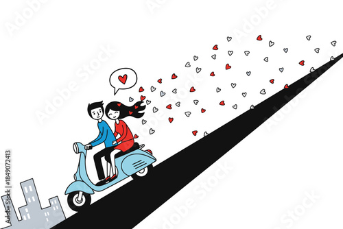 quirky doodle scene couple riding a tandem bicycle under scattered heart confetti, uneven sketch lines, bold flat colors