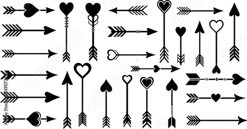 A big collection of black arrows with hearts on white background