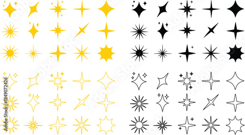 Sparkle Starburst Icon Set Shining Light Effect Symbol Collection Featuring Radiant Twinkle, Glow, Shine, Sparkling Star Group in Flat and Line Style for Decorative Graphic Vector Elements