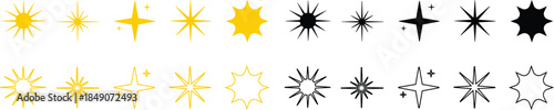Sparkle Starburst Icon Set Shining Light Effect Symbol Collection Featuring Radiant Twinkle, Glow, Shine, Sparkling Star Group in Flat and Line Style for Decorative Graphic Vector Elements