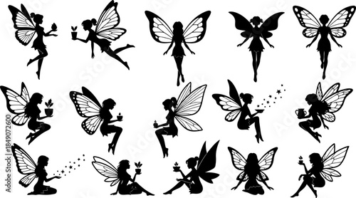 A big collection of black silhouettes of fairies and mushrooms on white background