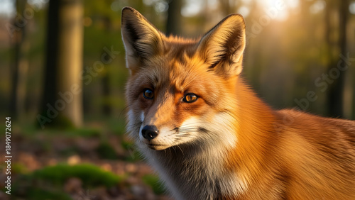 Alert red fox portrait in golden hour forest light