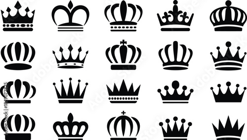 Crown icon silhouette vector set with diverse royal styles for luxury, authority, and decorative illustration themes.