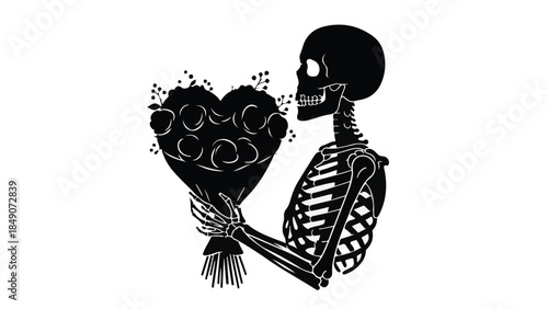 Skeleton holding a heart with flowers in a romantic gesture