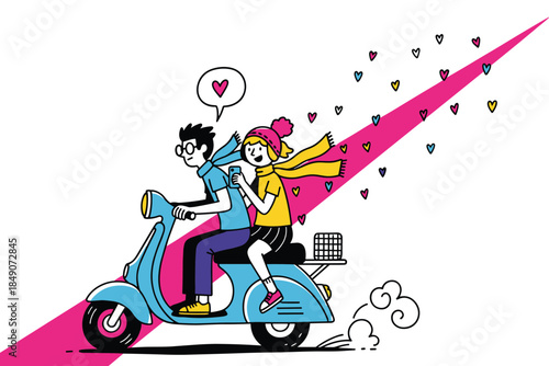 quirky doodle scene couple riding a tandem bicycle under scattered heart confetti, uneven sketch lines, bold flat colors