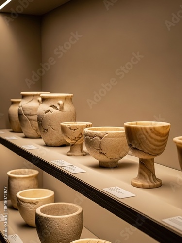 Ancient artifacts on display in museum setting with labels