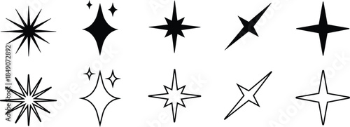 Sparkle Starburst Icon Set Shining Light Effect Symbol Collection Featuring Radiant Twinkle, Glow, Shine, Sparkling Star Group in Flat and Line Style for Decorative Graphic Vector Elements