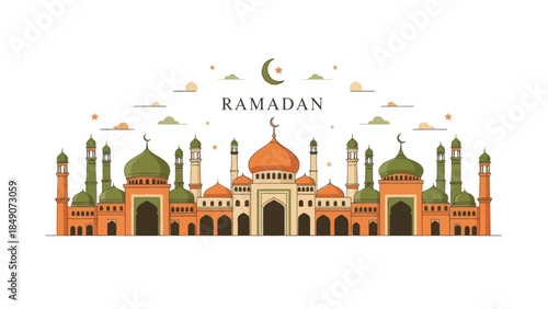 Elegant Ramadan Themed Illustration Featuring a Sacred Mosque with Crescent