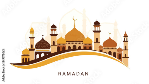 Elegant Ramadan mosque silhouette with minarets and domes in warm tones for