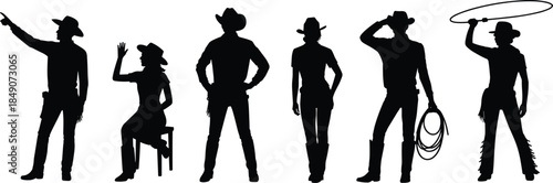 Cowboy silhouette character vector set with iconic Western poses and accessories for culture, lifestyle, and illustration themes.