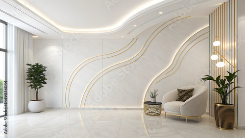 Fototapeta Naklejka Na Ścianę i Meble -  Modern luxury living room interior design with white walls and gold accents
