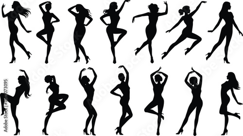 Fashion silhouette vector set of women in dynamic poses for dance, modeling, and expressive lifestyle illustration themes.