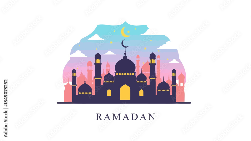 Fototapeta premium Elegant illustration of a mosque silhouette with Ramadan-themed sky and