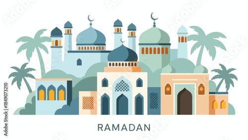 Ramadan Festival Scene with Mosque and Palm Trees Illustrative Artwork