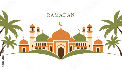 Elegant Ramadan Mosque Silhouette with Palm Trees and Celebratory Atmosphere