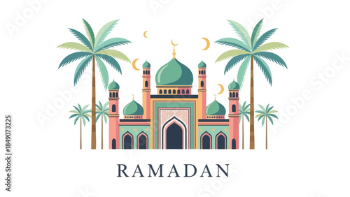 Elegant Ramadan Celebration Illustration Featuring a Mosque and Palm Trees