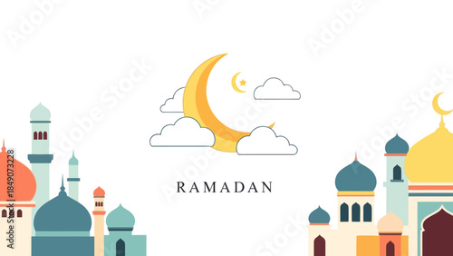 Ramadan Celebration with Crescent Moon and Islamic Architectural Elements