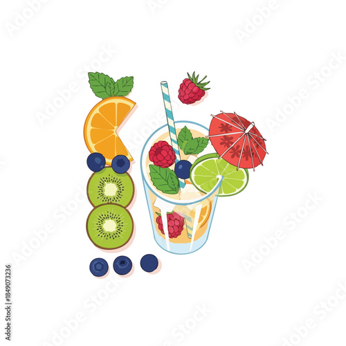 Illustration of a colorful fruit smoothie with straw surrounded by sliced fruits on a clean white background.