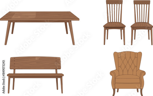 Furniture silhouette vector set with table, chairs, bench, and armchair for interior, lifestyle, and design illustration themes.