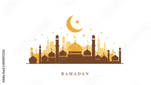 Serene Ramadan Night Skyline with Crescent Moon and Islamic Architecture