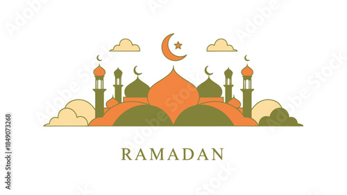 Serene Ramadan Illustration Featuring Mosque Silhouette and Crescent Moon