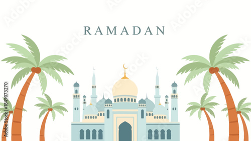 Elegant Ramadan celebration illustration featuring mosque and palm trees
