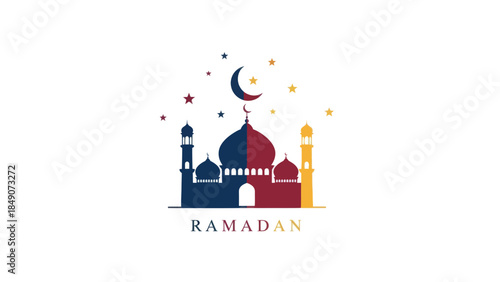 Elegant Ramadan Islamic Mosque Night Sky Illustration with Crescent Moon and