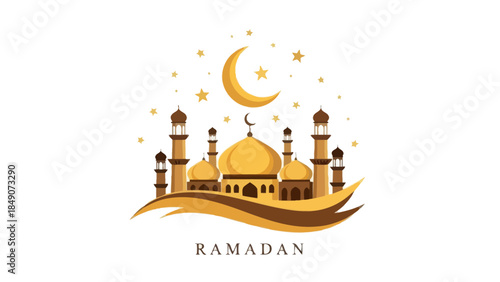 Elegant Islamic Ramadan Mosque Scene with Crescent Moon and Stars for
