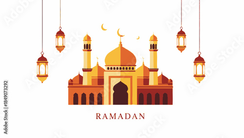 Islamic Ramadan Mosque with Hanging Lanterns and Crescent Moon Illustration