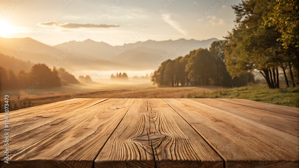 Fototapeta premium Wooden table foreground with misty mountain sunrise landscape background