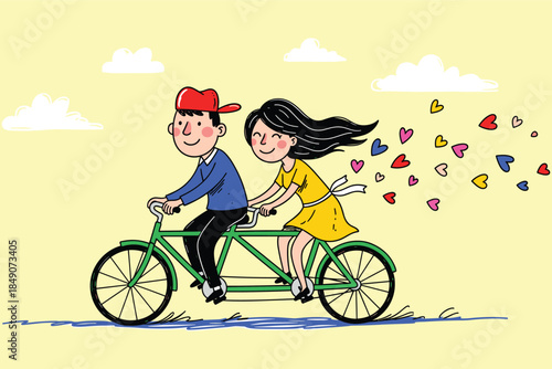 quirky doodle scene couple riding a tandem bicycle under scattered heart confetti, uneven sketch lines, bold flat colors