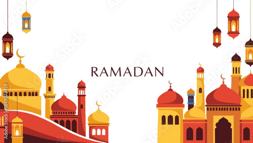 Vibrant Ramadan Islamic Cityscape with Dusk Sky and Lanterns