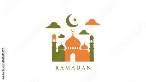 Elegant Minimalist Illustration of Ramadan Celebratory Symbols and Mosque