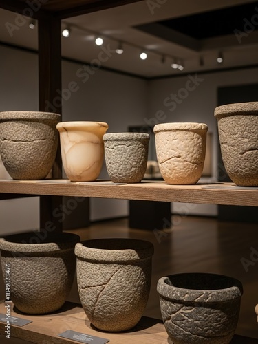 Ancient stone and clay pots on display in museum gallery
