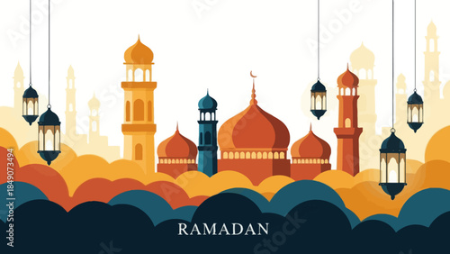 Vibrant Ramadan Mosque Silhouette with Floating Lanterns in Warm Tones