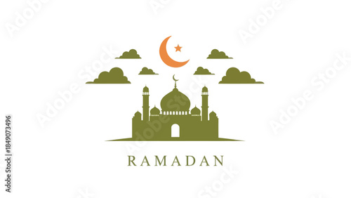Elegant Ramadan Theme Illustration Featuring Mosque Crescent and Cloudscape