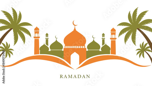 Ramadan themed mosque silhouette with palm trees and crescent moon